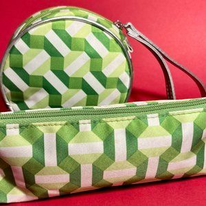 Clinique Green & White Geometric Design Set of 2 Cosmetic Case& Wristlet